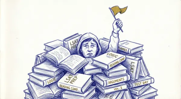 Student drowning in LSAT prep books