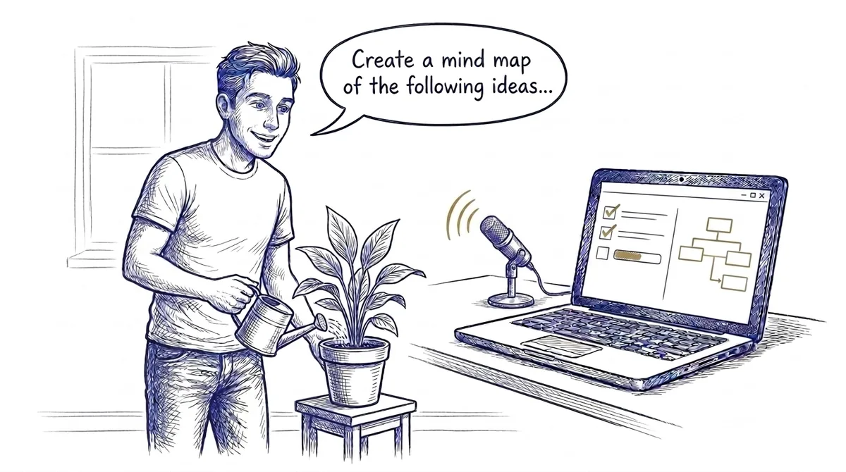 Illustration of centaur mode: a student gardening while dictating — a microphone picks up his prompt and the laptop builds the mind map for him