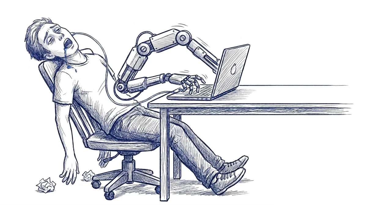 Illustration of zombie mode: a student slumped and glazed over while the AI does all the work for them