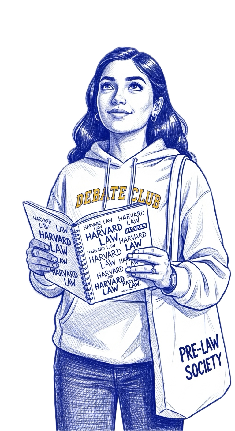 The Idealist - person holding notebook covered in Harvard Law doodles